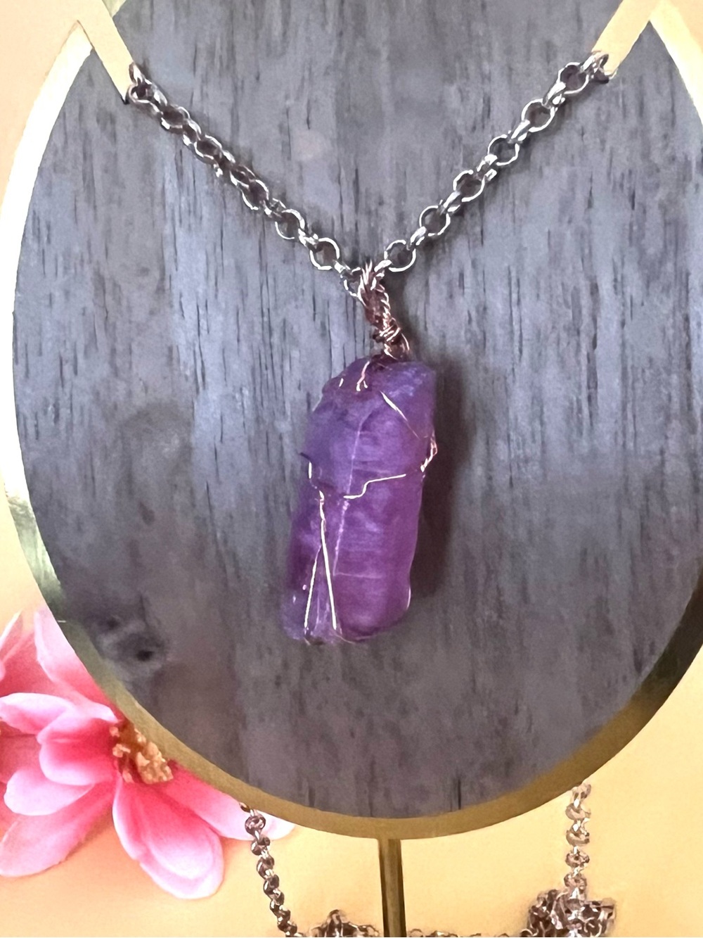 Copper wire wrapped pink quartz and matching necklace